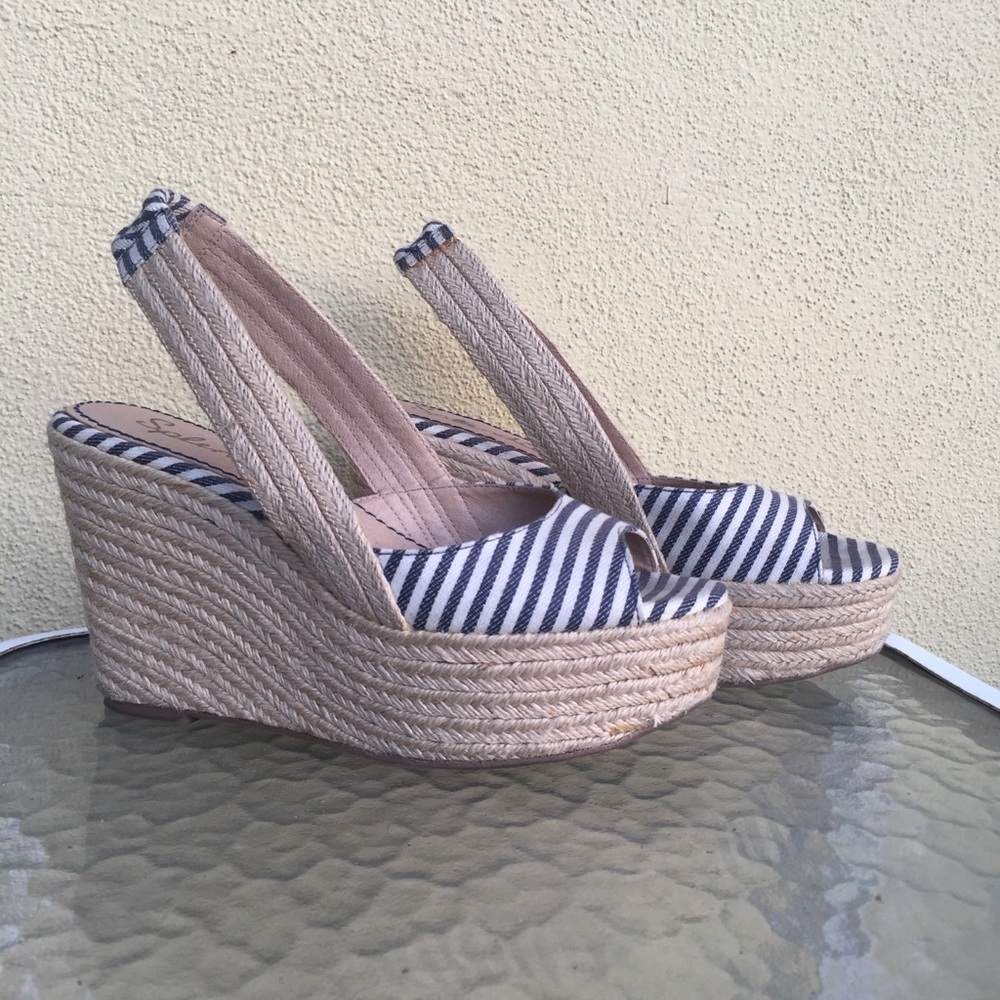 Blue and White Striped Slingback Espadrille Wedges